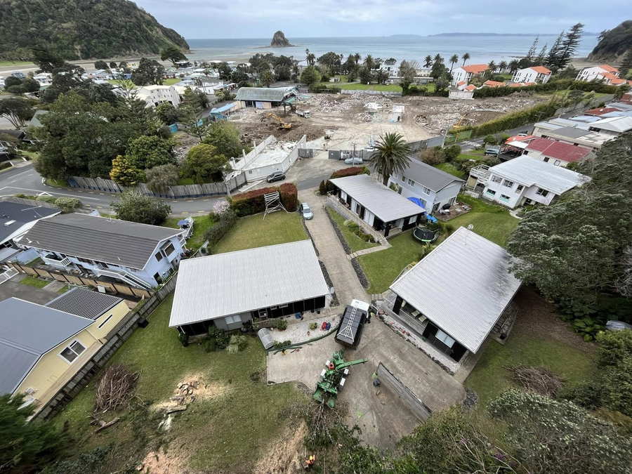 Aerial view over a seaside street of houses towards the beach and an offshore island, a green chipper and cut timber in a back yard in the foreground