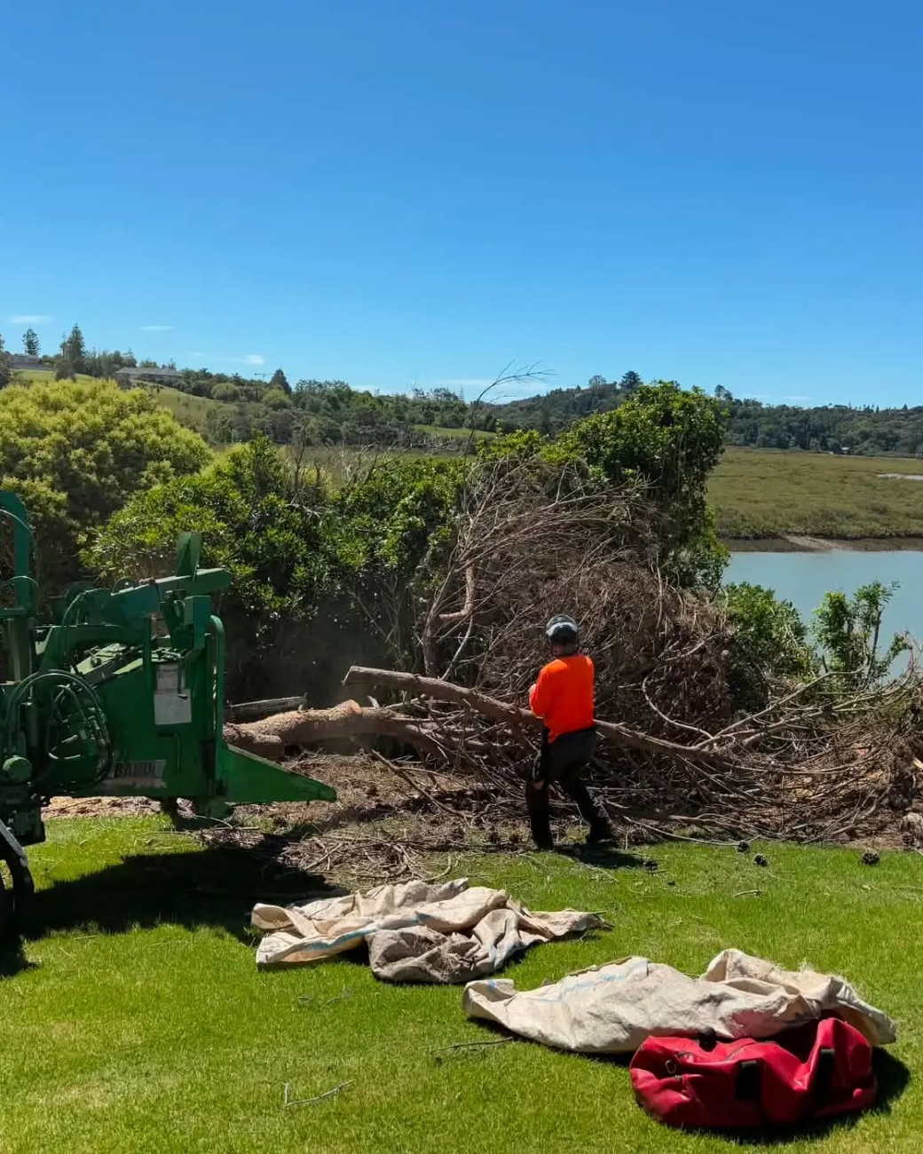 Arborist in an orange shirt and helmet dragging cut branches across a lawn to a green wood chipper, with an estuary and farmland behind under a clear blue sky