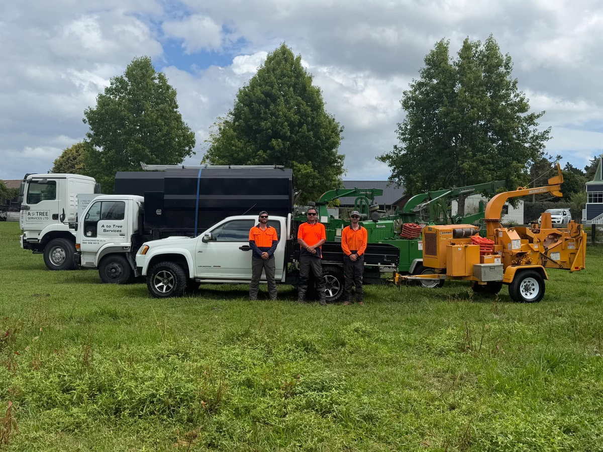 The A To Tree crew in orange hi-vis in front of their two tipper trucks, a white ute and two wood chippers, parked on grass under tall trees